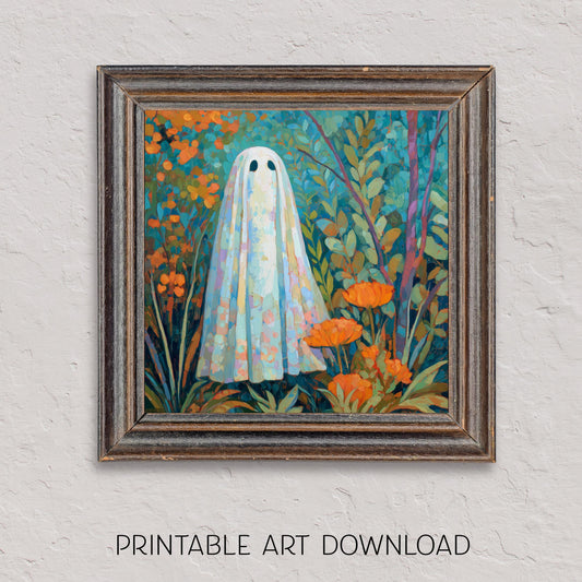Halloween Ghost Flower Art Print: Spooky Floral Wall Decor (Digital Download, 5 Sizes Included)