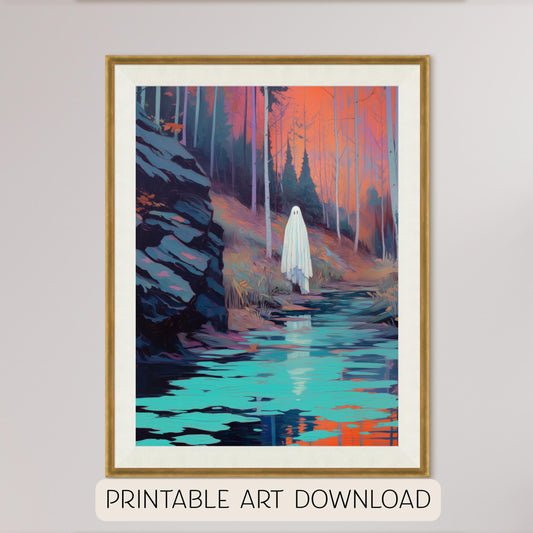 Halloween Ghost Landscape Art Print: Spooky Season Decor (Digital Download)