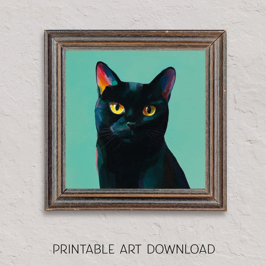 Halloween Printable Black Cat Wall Art, Original Artwork with 5 Aspect Ratios Included, Instant Digital Download, Printable Halloween Art