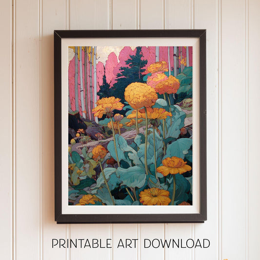 Mountain Flowers Painting, Instant Download Art with Multiple Ratios, Floral Wall Art Decor to Print and Frame