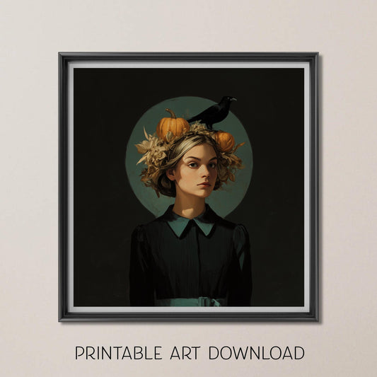 Halloween Portrait Art Print: Crow Daughter - Spooky Fall Decor (Digital Download)