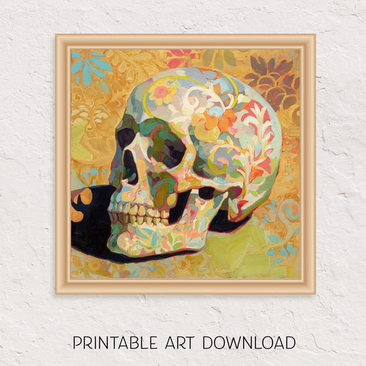 Halloween Printable Floral Skull Wall Art, Original Artwork with 5 Sizes Included