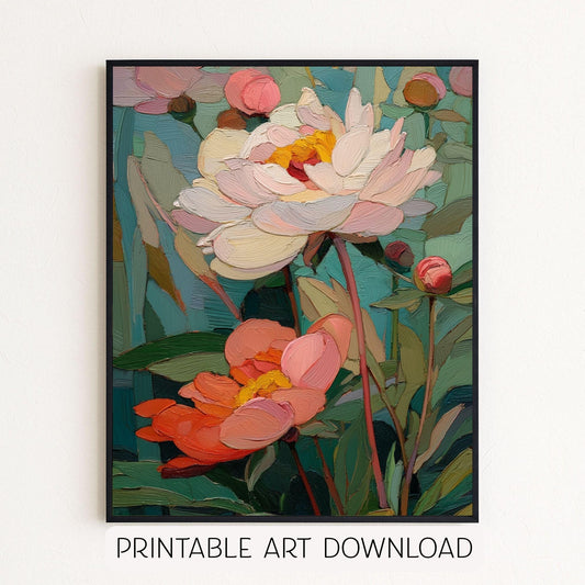 Colorful Peonies Flower Painting: Printable Floral Wall Art (Digital Download)