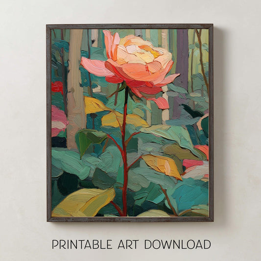 Pink Rose Flower Painting, Instant Download Art with Multiple Ratios, Floral Forest Wall Art Decor to Print and Frame