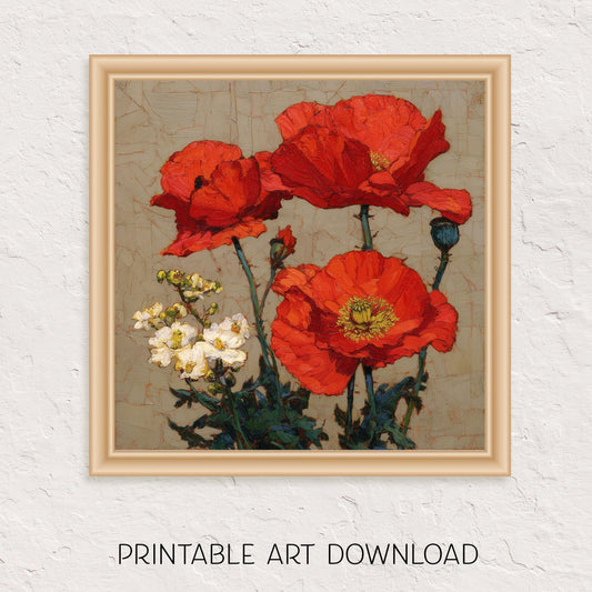 Red Poppies Floral Print: Colorful Flower Painting, Forest Wall Art (Digital Download)