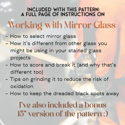 A card which says that this pattern has instructions for working with mirror glass included at no extra charge, plus a larger version of the patter is included.