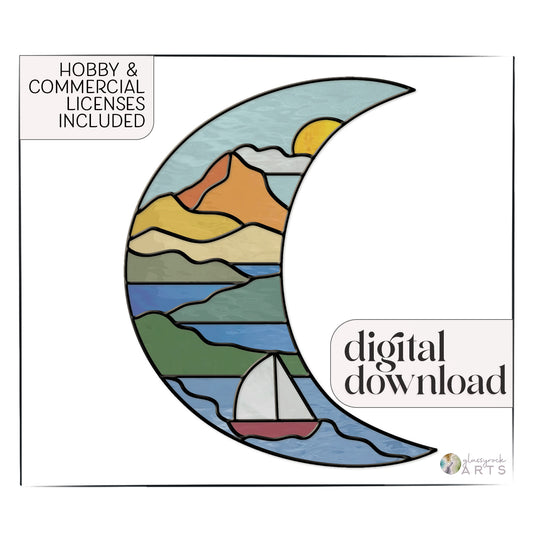 The Crescent Moon Seascape Stained Glass Pattern features a boho crescent moon design with mountains, sun, waves, and a sailboat. Includes Hobby & Commercial Licenses, available as a Digital Download. Ideal for those looking for unique digital stained glass patterns.