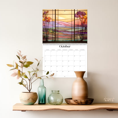 The landscapes calendar hanging on a wall above a shelf.