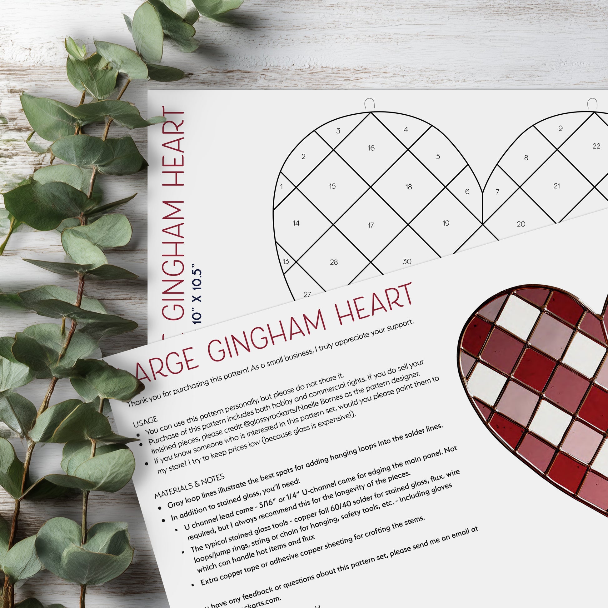 Large Gingham Heart Stained Glass Pattern PDF & PNG - Crafting Patterns & Molds from GlassyRock Arts
