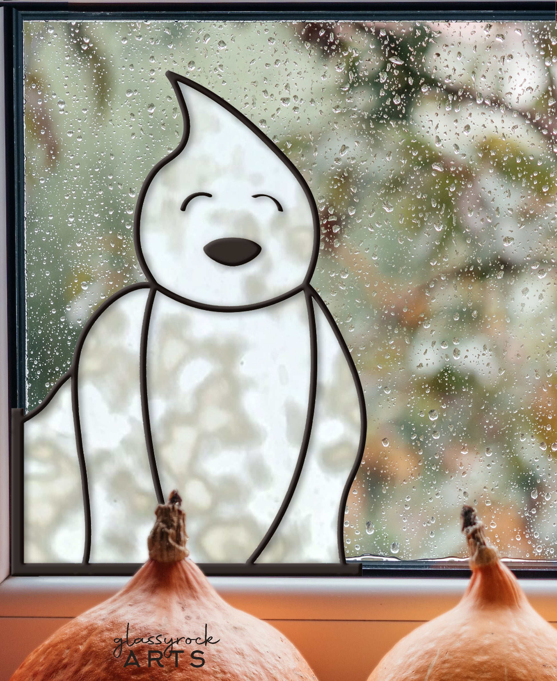 A picture of the Laughing Ghost Buddy Halloween Stained Glass Pattern from GlassyRock Arts. 