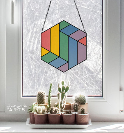 A picture of the Large Stripe Hexagon Beginner Geometric Stained Glass Pattern from GlassyRock Arts. 