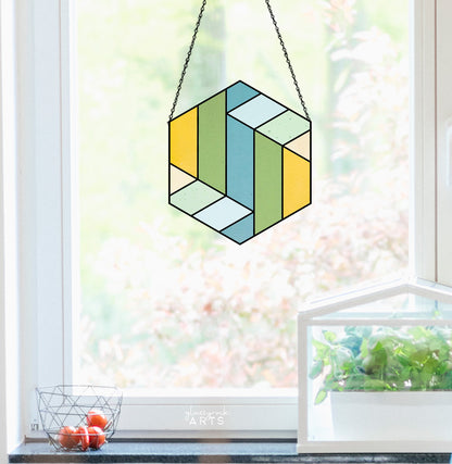 A picture of the Large Stripe Hexagon Beginner Geometric Stained Glass Pattern from GlassyRock Arts. 