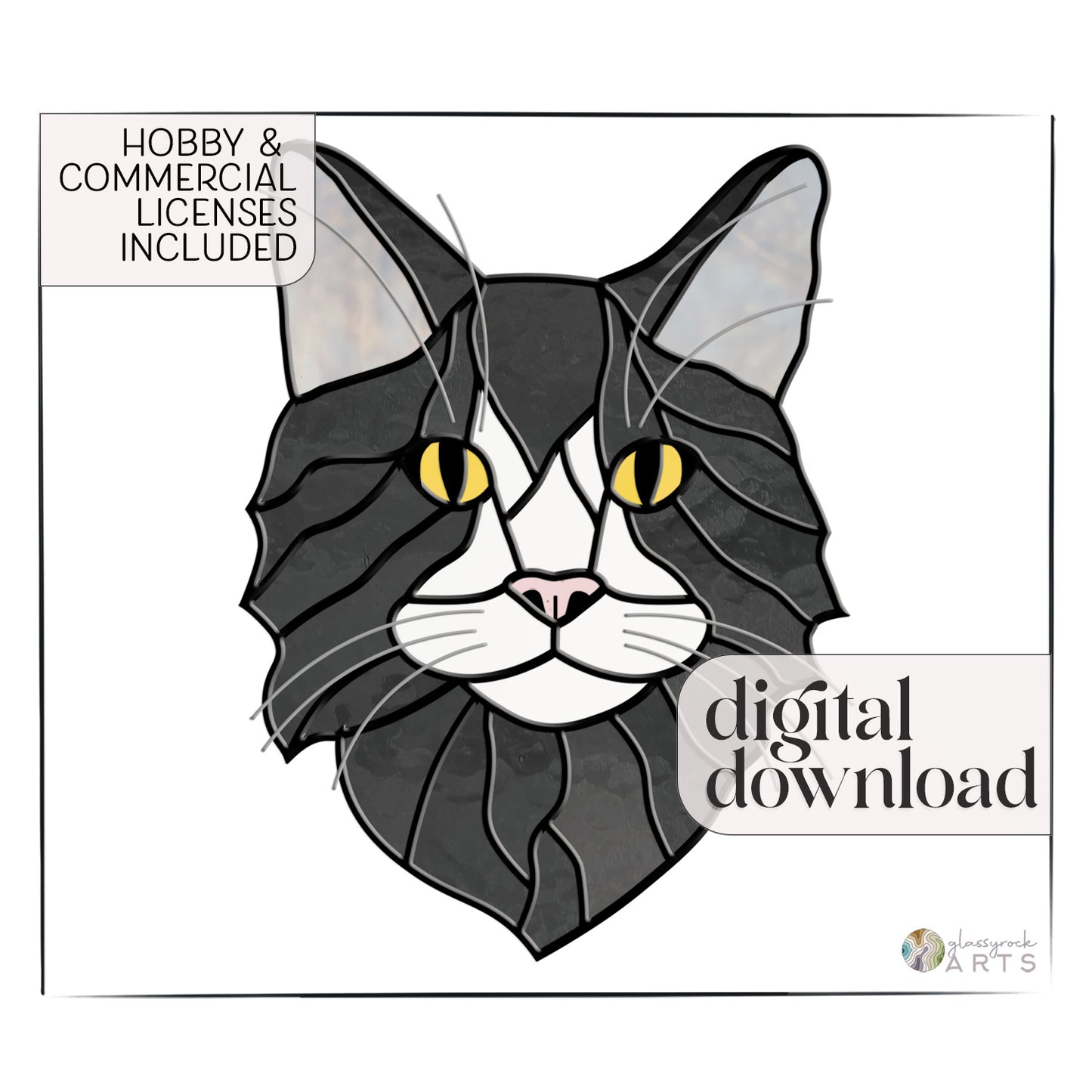 The Long Haired Cat Stained Glass Pattern features a vivid stained glass illustration of a cats face with yellow eyes and gray-black fur. Ideal for cat suncatcher designs, it includes hobby & commercial licenses and is available as a digital download. A small logo appears in the corner.