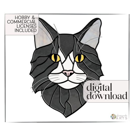 The Long Haired Cat Stained Glass Pattern features a vivid stained glass illustration of a cats face with yellow eyes and gray-black fur. Ideal for cat suncatcher designs, it includes hobby & commercial licenses and is available as a digital download. A small logo appears in the corner.