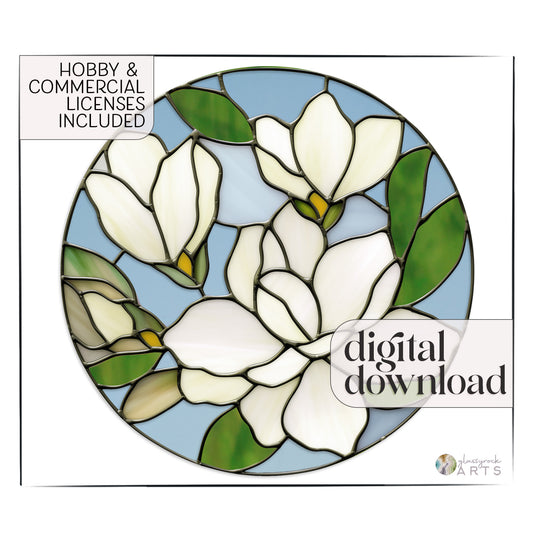 The Magnolia Round Stained Glass Pattern digital download features a circular design with white magnolias and green leaves on a light blue background. It includes Hobby & Commercial Licenses, ideal for crafting a stunning magnolia sun catcher.