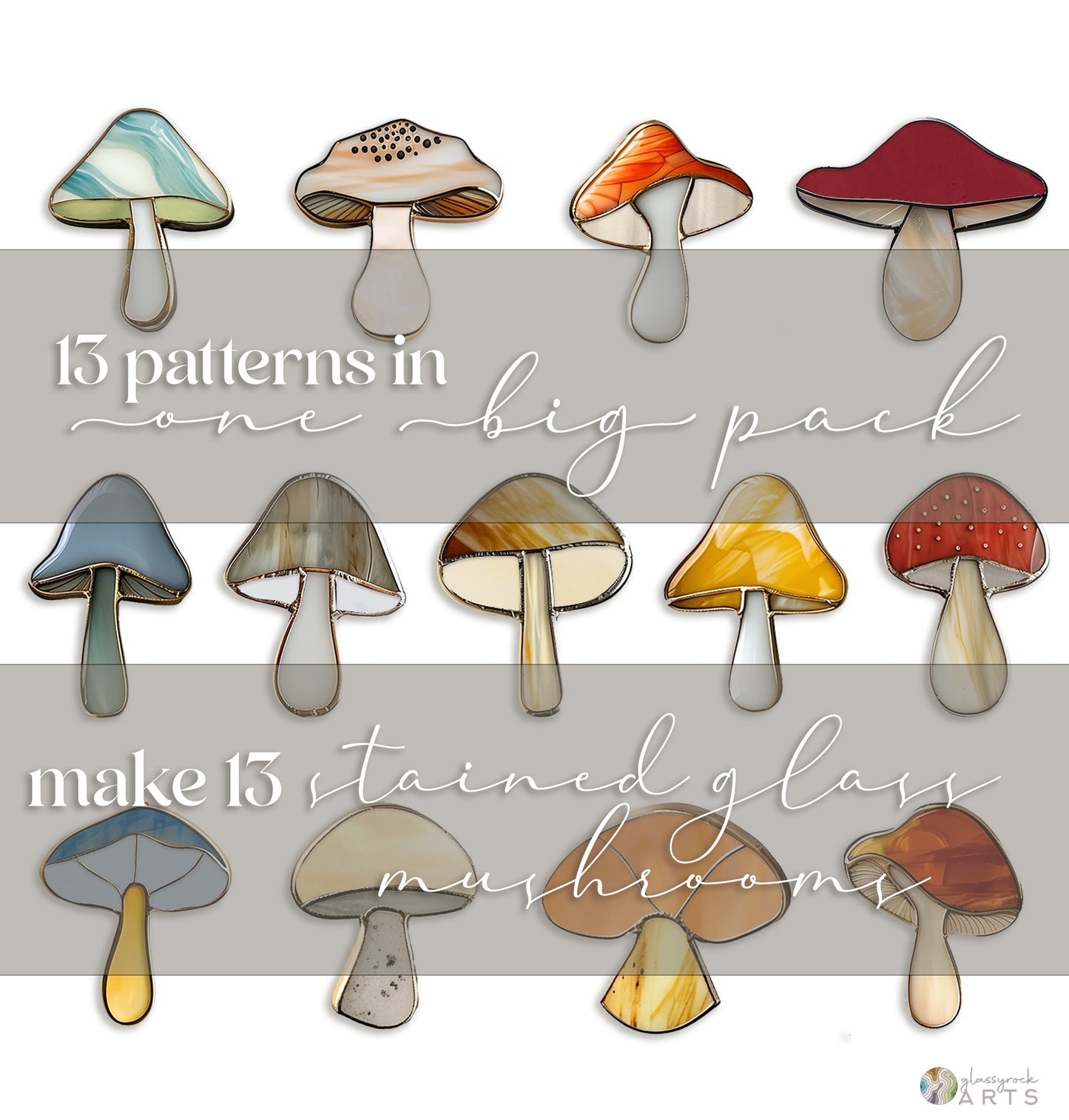 Easy Mushrooms Stained Glass Patterns, Pack of 13