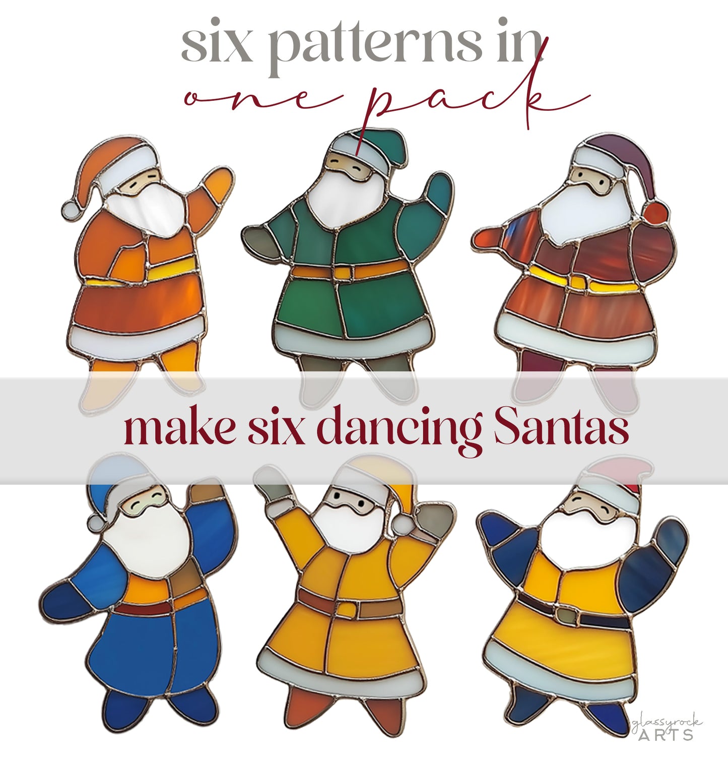 A picture of the Dancing Santas Stained Glass Christmas Ornament Patterns from GlassyRock Arts. 