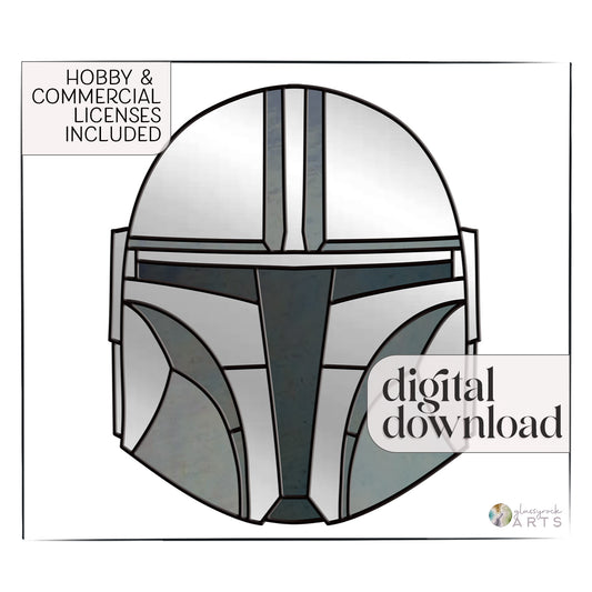 A stylized helmet design inspired by sci-fi armor, similar to Star Wars stained glass with bold lines and geometric shapes. Text: Hobby & Commercial Licenses Included, Digital Download. Product: The Mandalorian Star Wars Stained Glass Pattern.