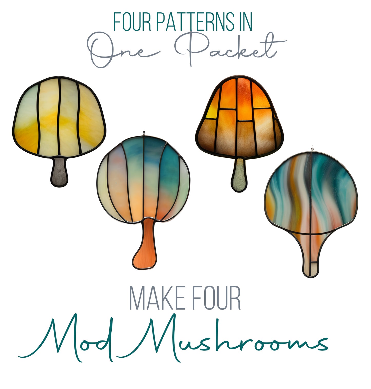 Mid-Century Modern Mushroom Stained Glass Patterns, Pack of 4