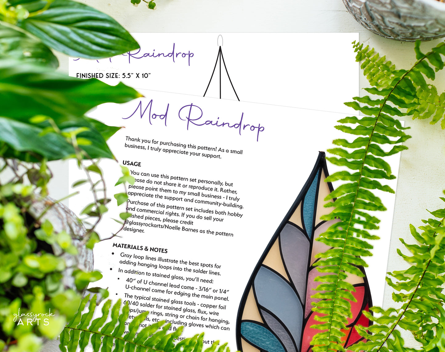 Modern Raindrop Plant Stained Glass Leaves Pattern