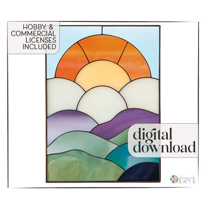 A fun curvilinear stained glass piece with layered mountains, clouds, sun and sky. The panel is rectangular and tall. There is text superimposed which reads "hobby and commercial licenses included" and "digital download."