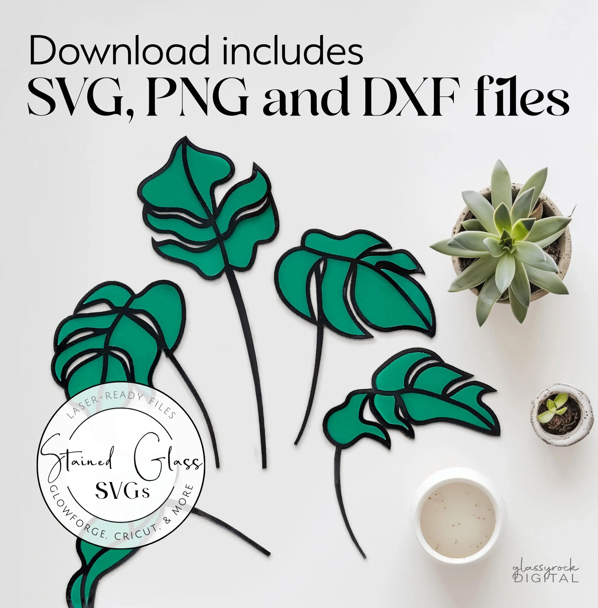 monstera plant svg Five Stained Glass Monstera Leaf Stem SVGs - GlassyRock Arts