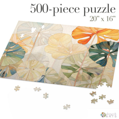 A picture of the Stained Glass Monstera Leaves Jigsaw Puzzle from GlassyRock Arts. 