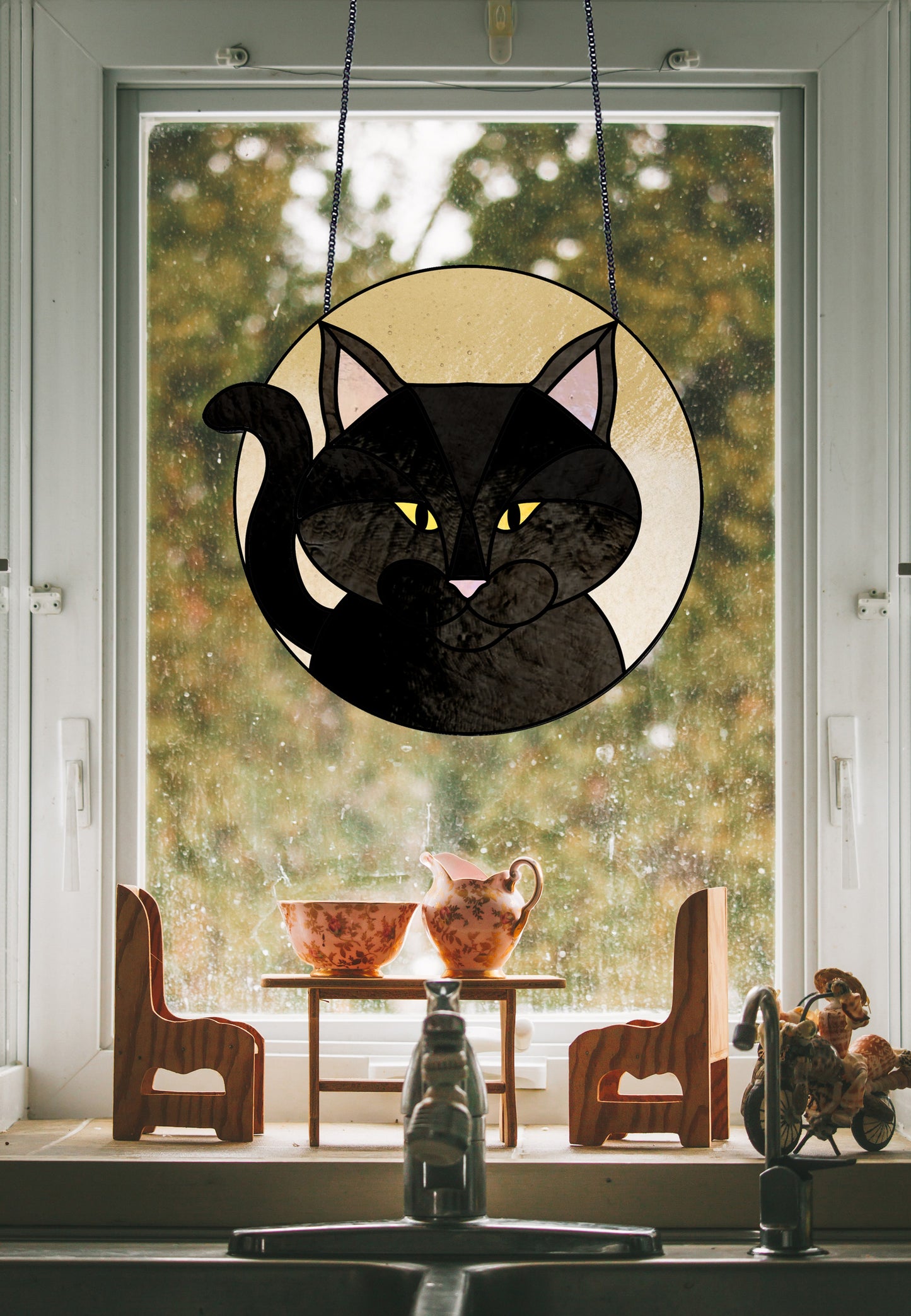 Full Moon Halloween Black Cat Stained Glass Pattern - Crafting Patterns & Molds, from GlassyRock Arts