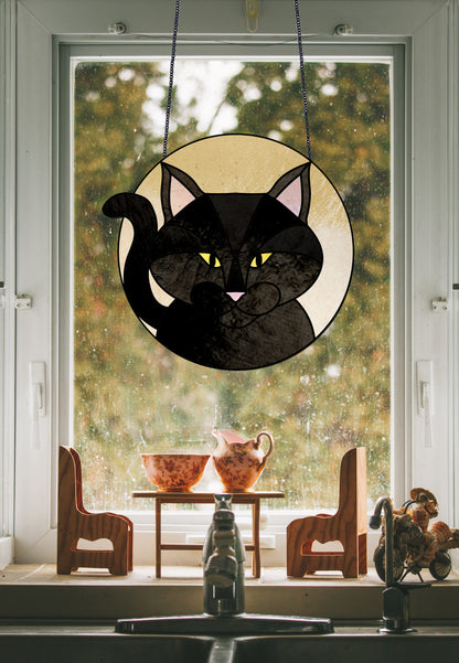 Full Moon Halloween Black Cat Stained Glass Pattern - Crafting Patterns & Molds, from GlassyRock Arts