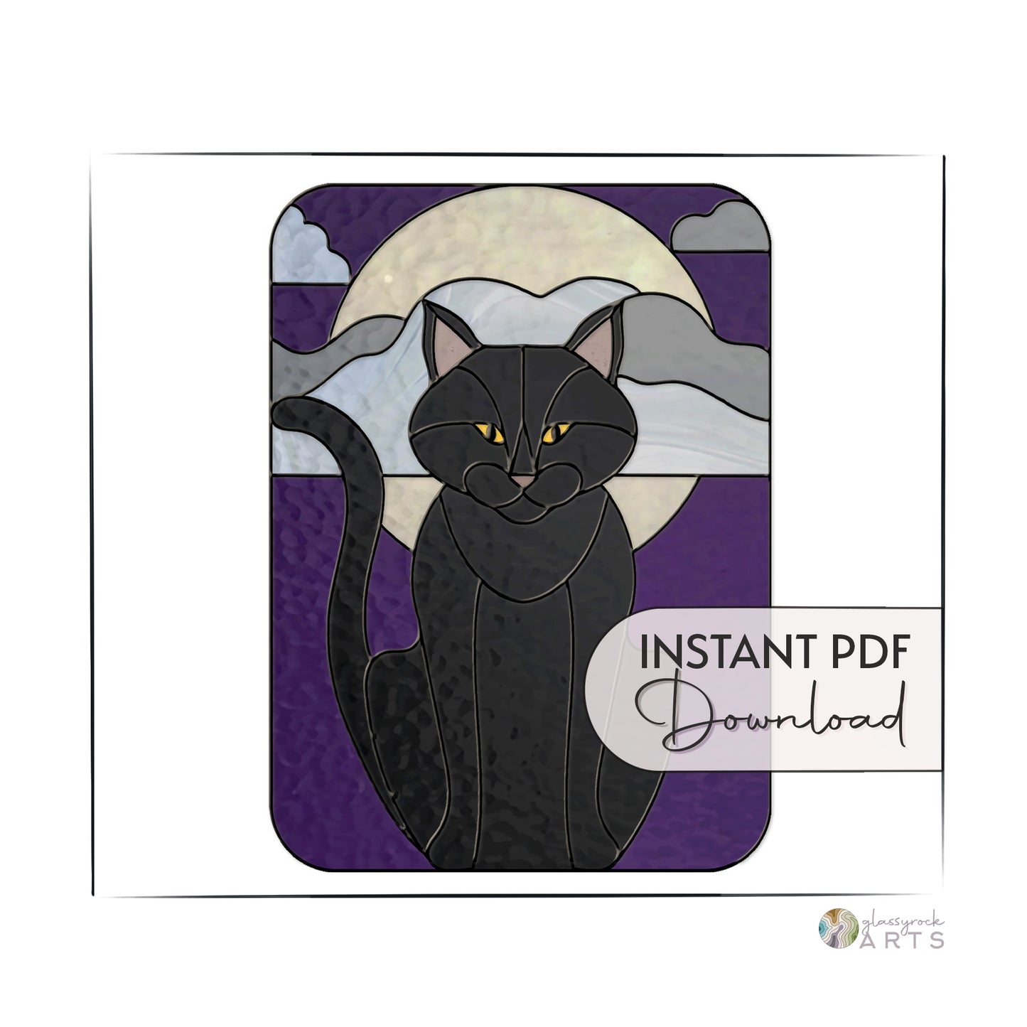 Full Moon Halloween Black Cat Stained Glass Panel Pattern