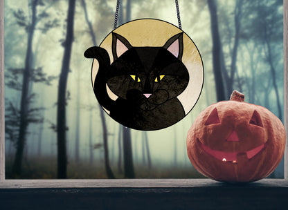 Full Moon Halloween Black Cat Stained Glass Pattern - Crafting Patterns & Molds, from GlassyRock Arts