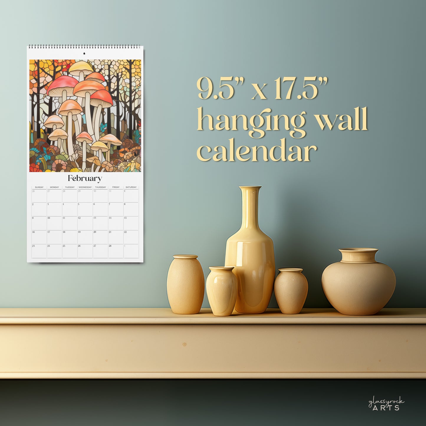 A picture of the 2025 Calendar: Stained Glass Mushrooms from GlassyRock Arts. 