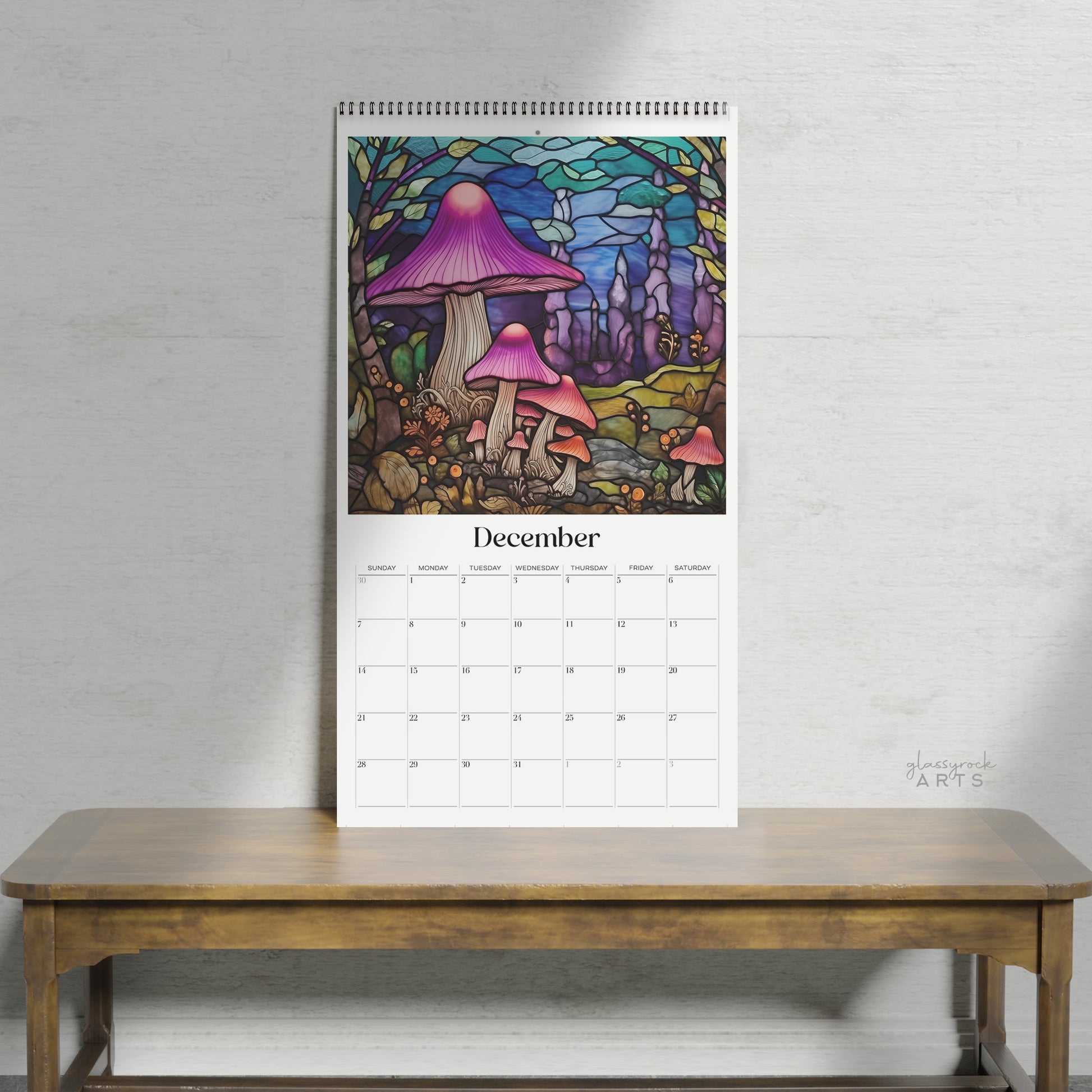 A picture of the 2025 Calendar: Stained Glass Mushrooms from GlassyRock Arts. 