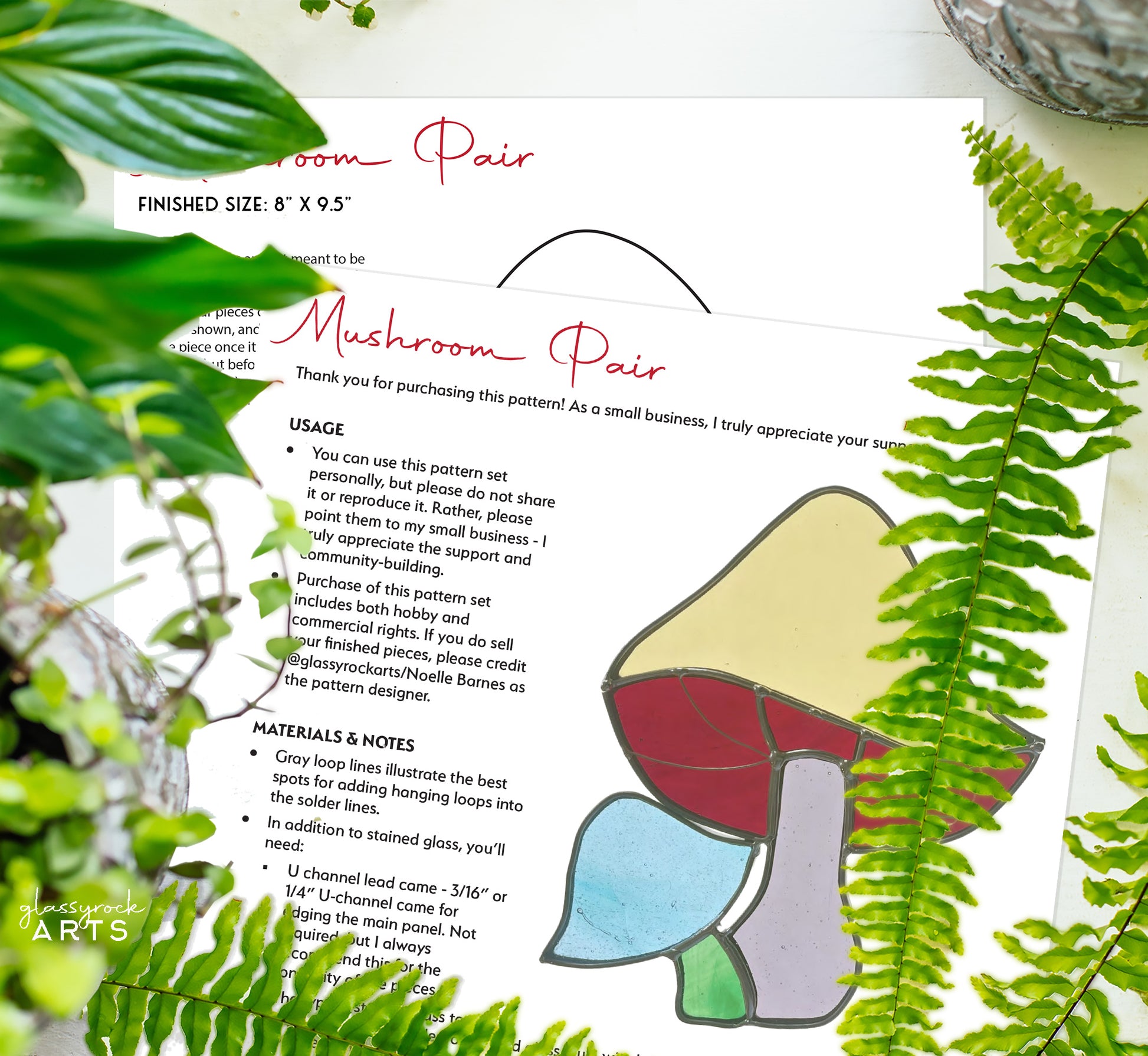 Mushroom Pair Stained Glass Pattern - Crafting Patterns & Molds, from GlassyRock Arts