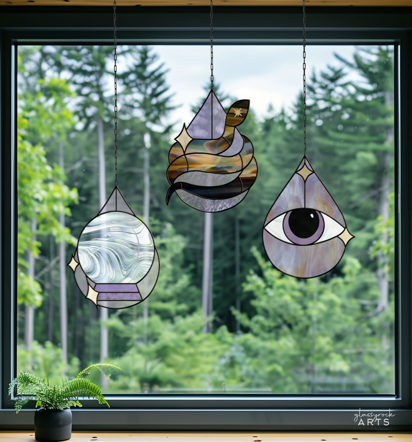 A picture of the Mystical Drops Stained Glass Pattern Pack of 3 from GlassyRock Arts. 