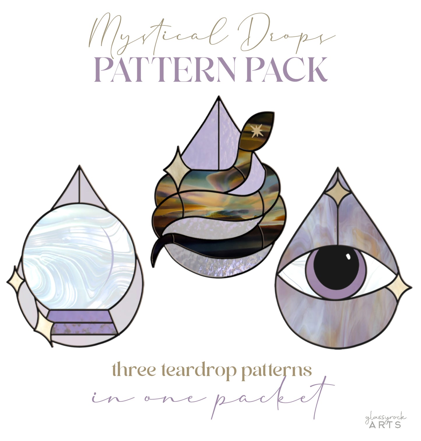 A picture of the Mystical Drops Stained Glass Pattern Pack of 3 from GlassyRock Arts. 