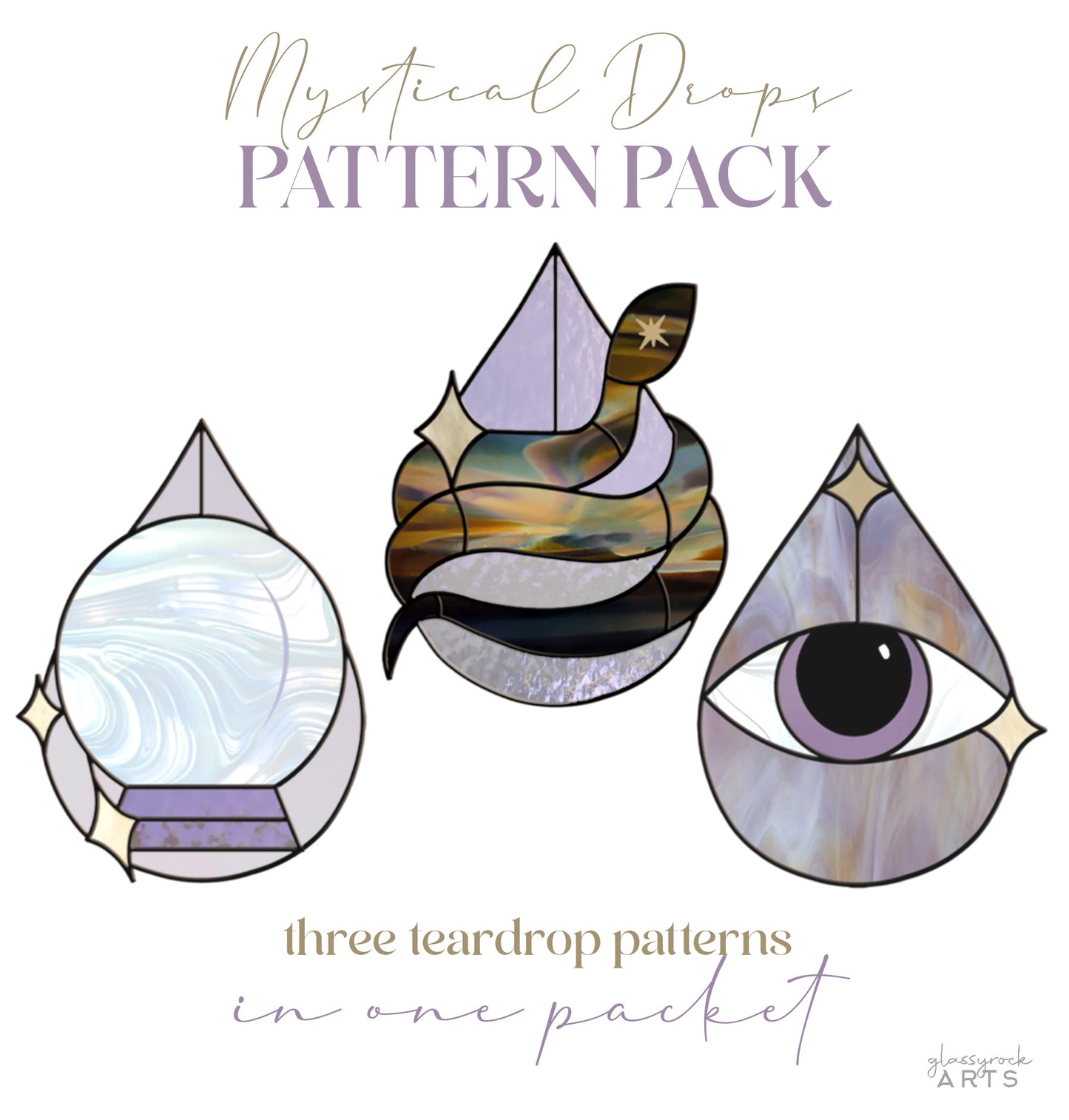 Mystical Drops Stained Glass Pattern Pack of 3 - Crafting Patterns & Molds, from GlassyRock Arts