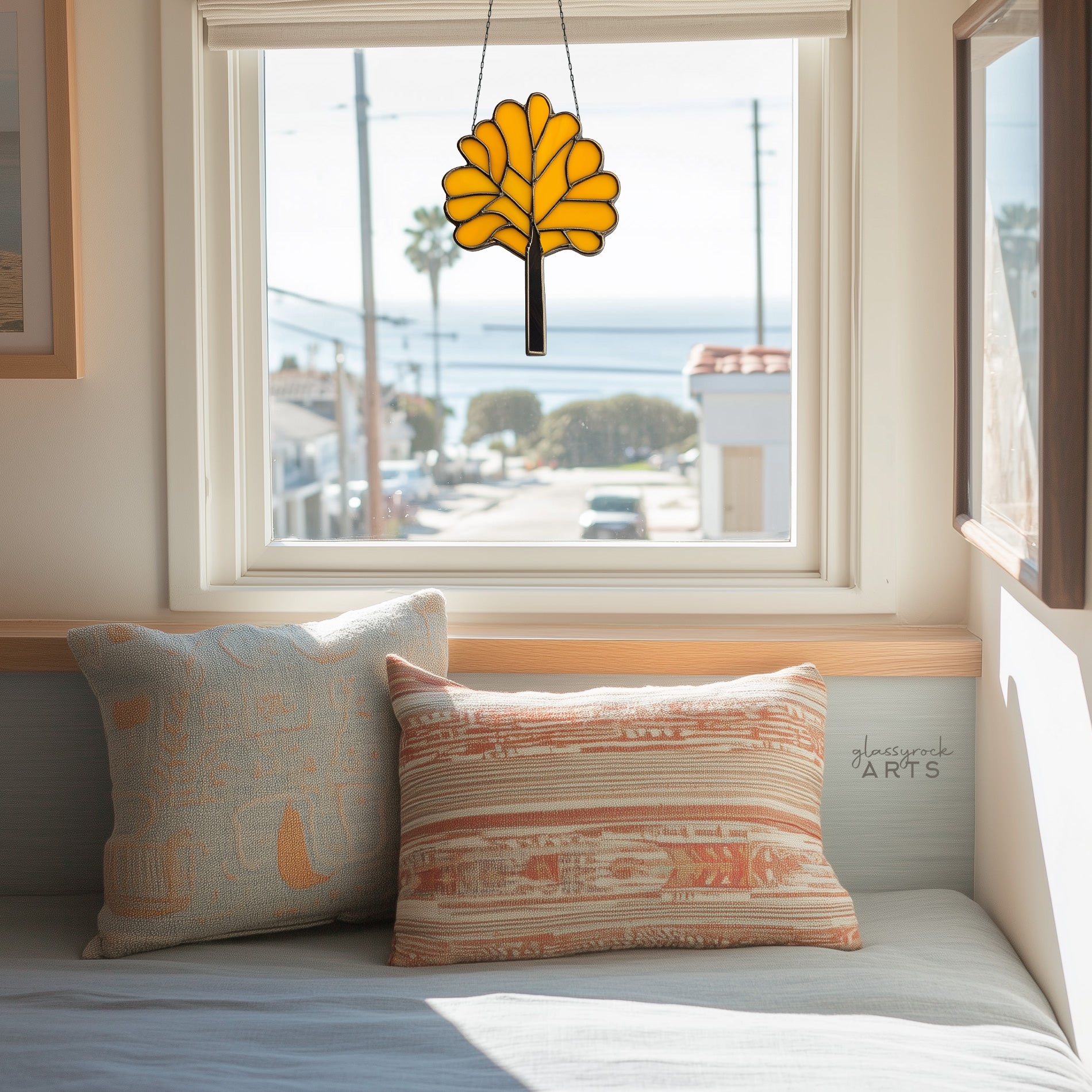 A picture of a orange art deco tree stained glass pattern from GlassyRock Arts.