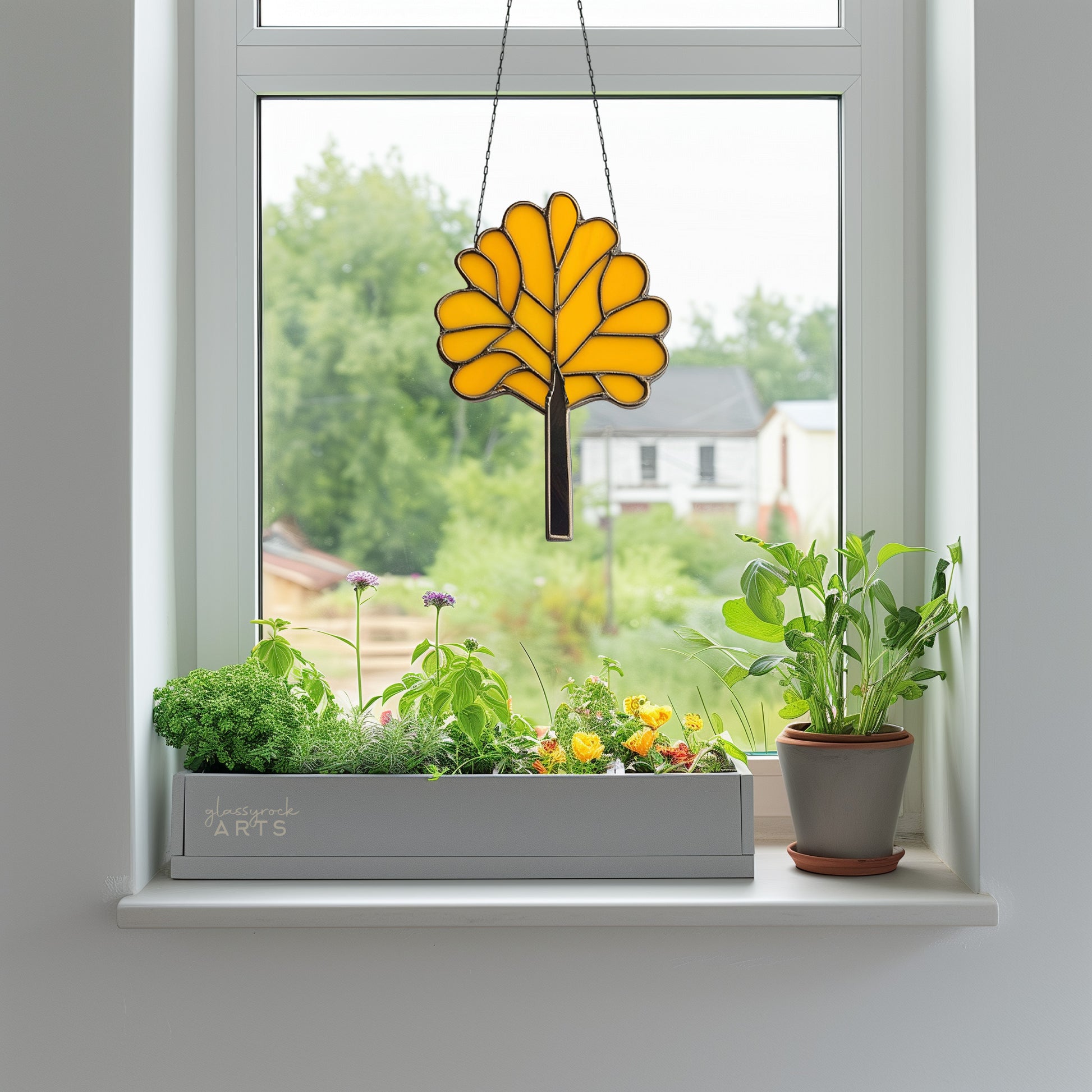 A picture of a orange art deco tree stained glass pattern from GlassyRock Arts.