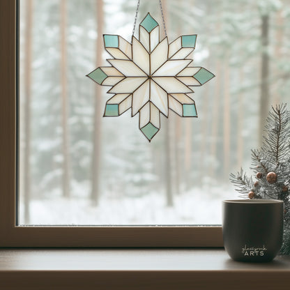 A picture of a geometric snowflake stained glass pattern from GlassyRock Arts.