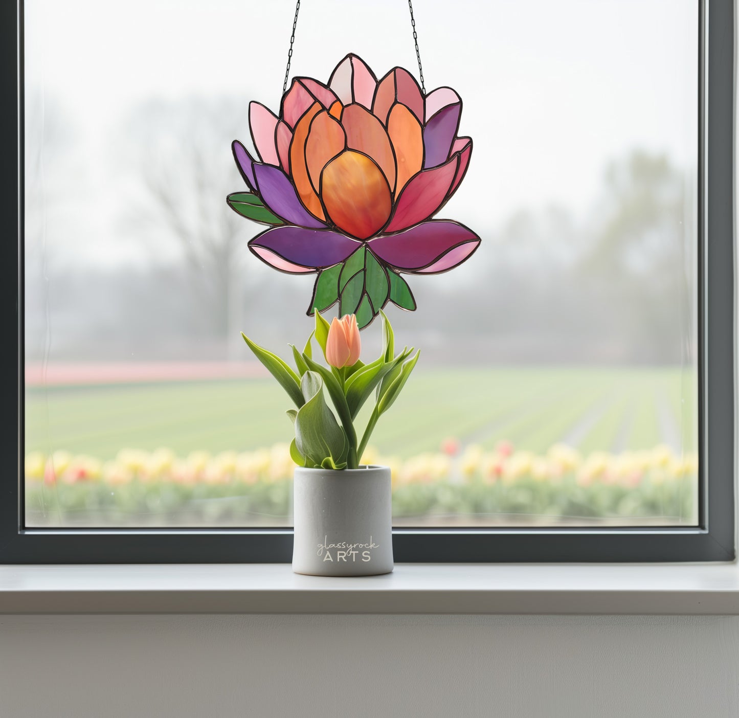 Peony Suncatcher Stained Glass Pattern with PNG
