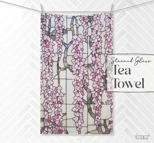 An image of the Stained Glass Pink Wisteria Tea Towel, from GlassyRock Arts.