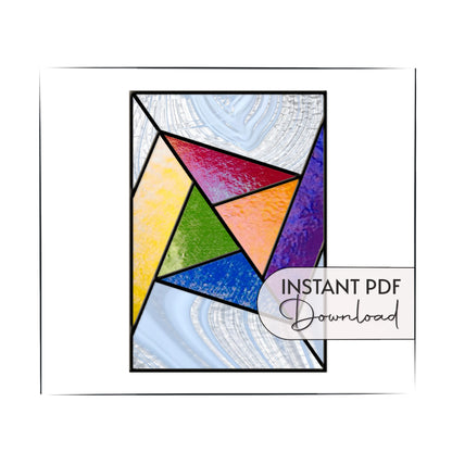 Stained glass art with geometric shapes in red, yellow, green, and blue on a textured white background. Text reads Instant PDF Download.