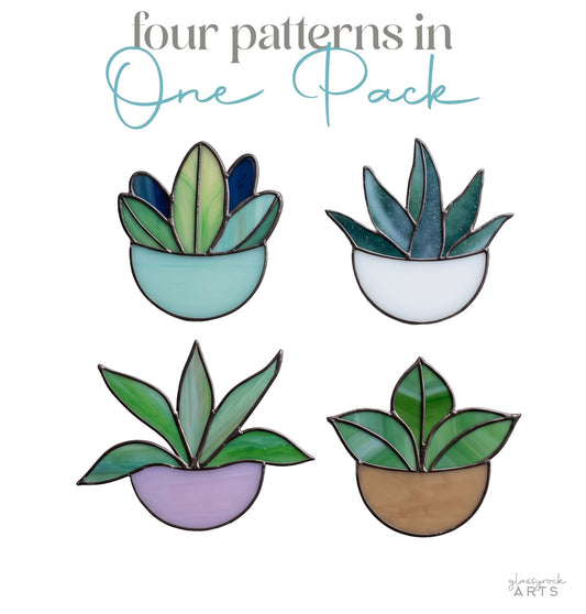 Potted Plant Ornaments Stained Glass Patterns, 4-Pack, PDF & PNG