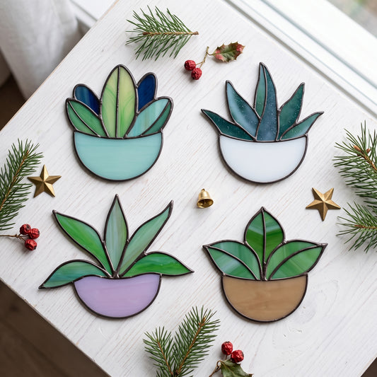 Potted Plant Ornaments Stained Glass Patterns, 4-Pack, PDF & PNG