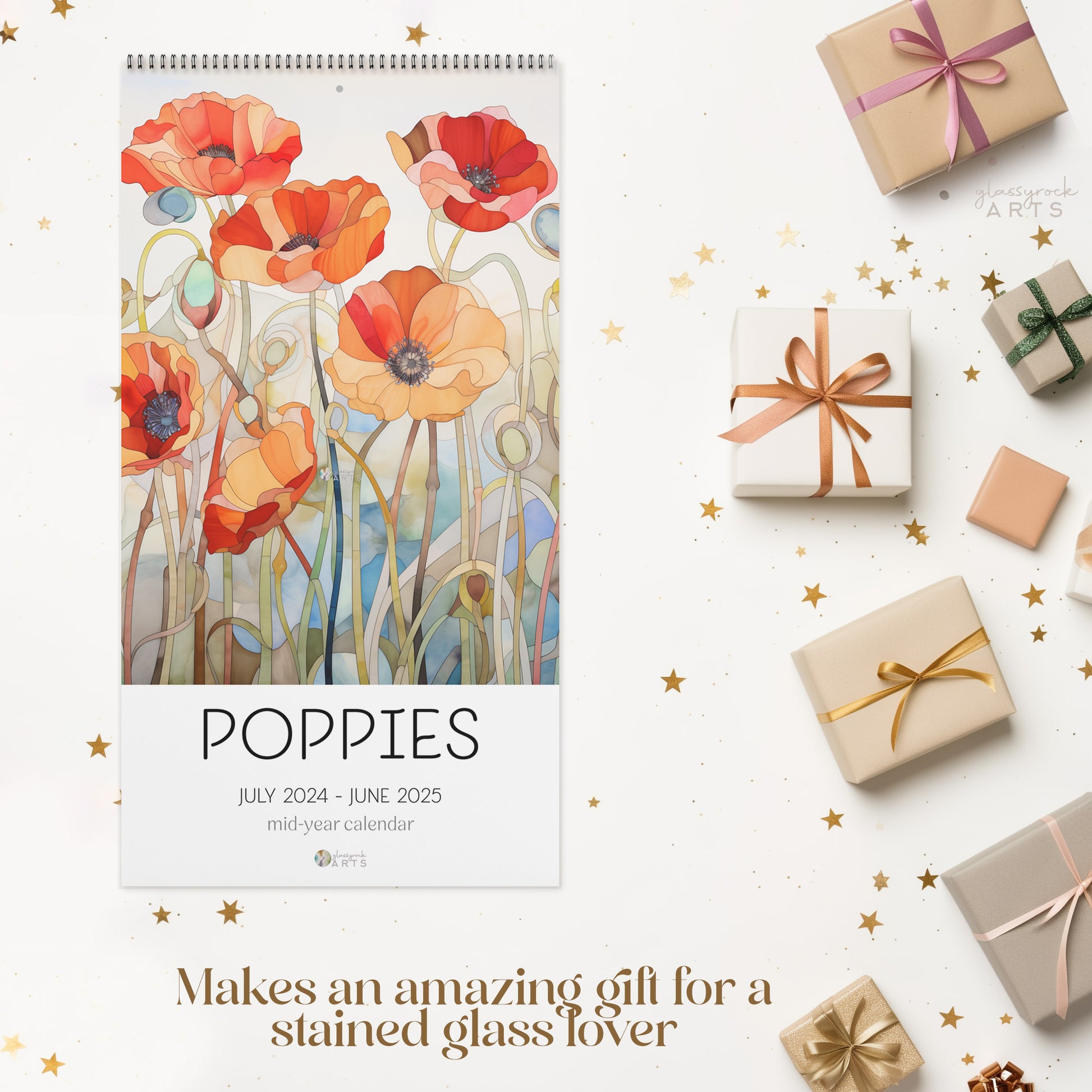 A picture of the 2024-2025 Mid-Year Calendar - Poppies Large Wall Calendar from GlassyRock Arts. 