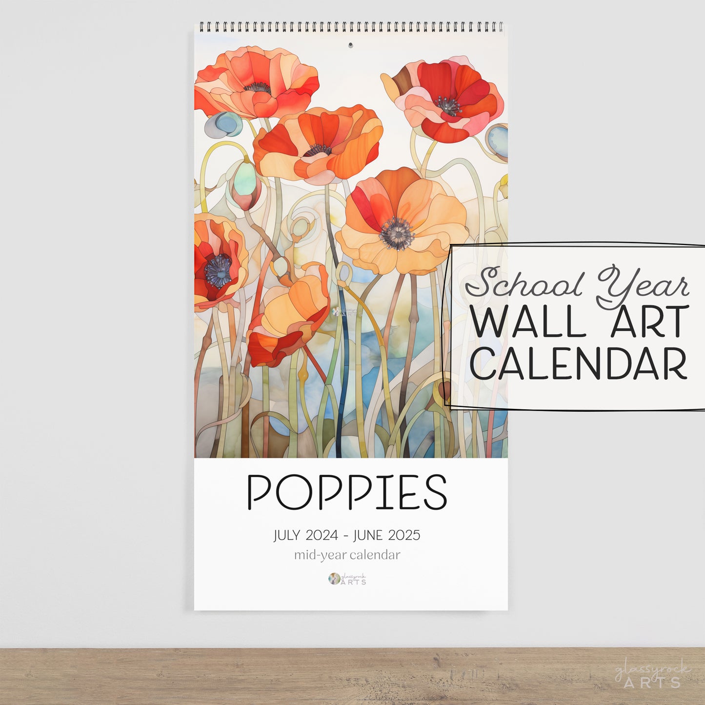 A picture of the 2024-2025 Mid-Year Calendar - Poppies Large Wall Calendar from GlassyRock Arts. 