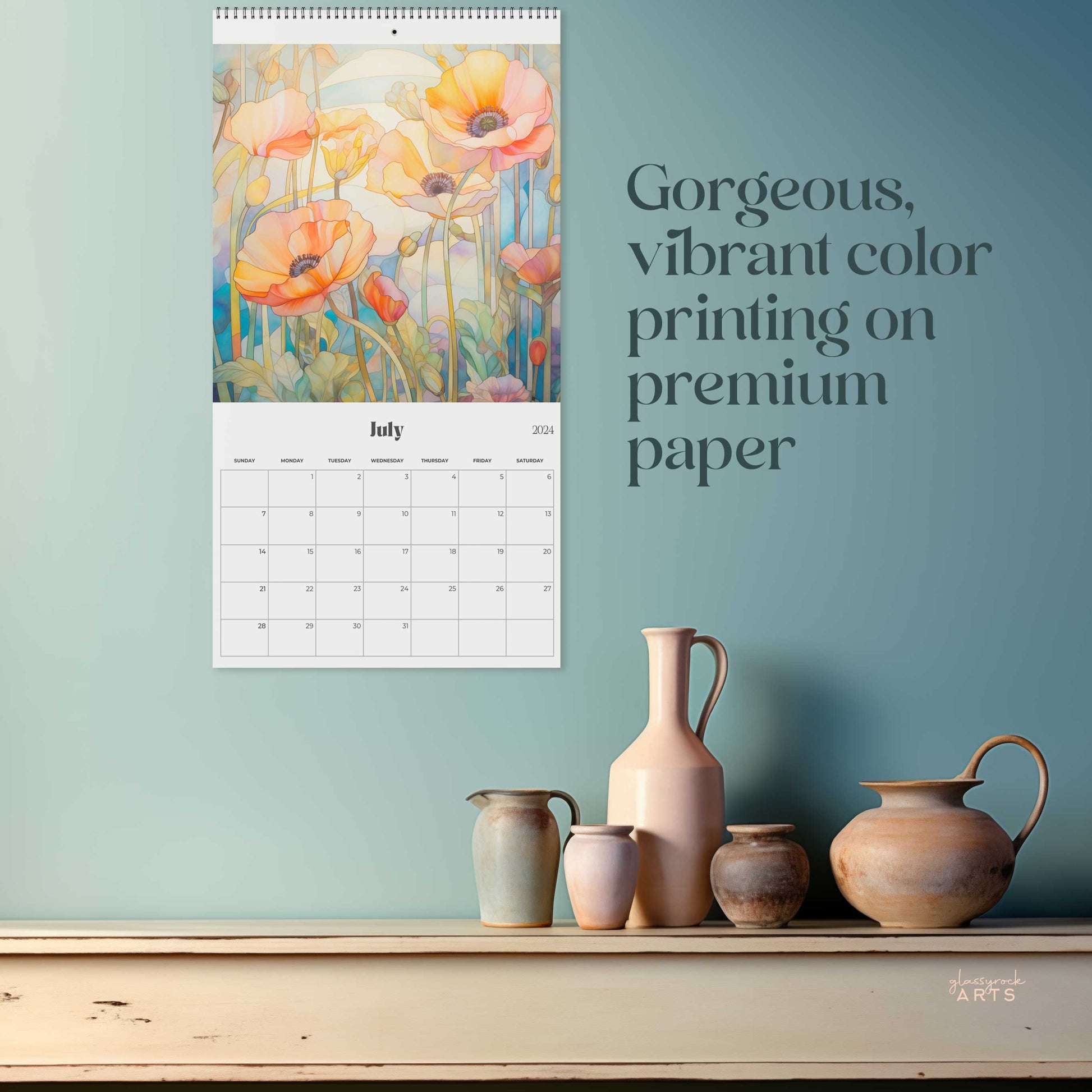 A picture of the 2024-2025 Mid-Year Calendar - Poppies Large Wall Calendar from GlassyRock Arts. 