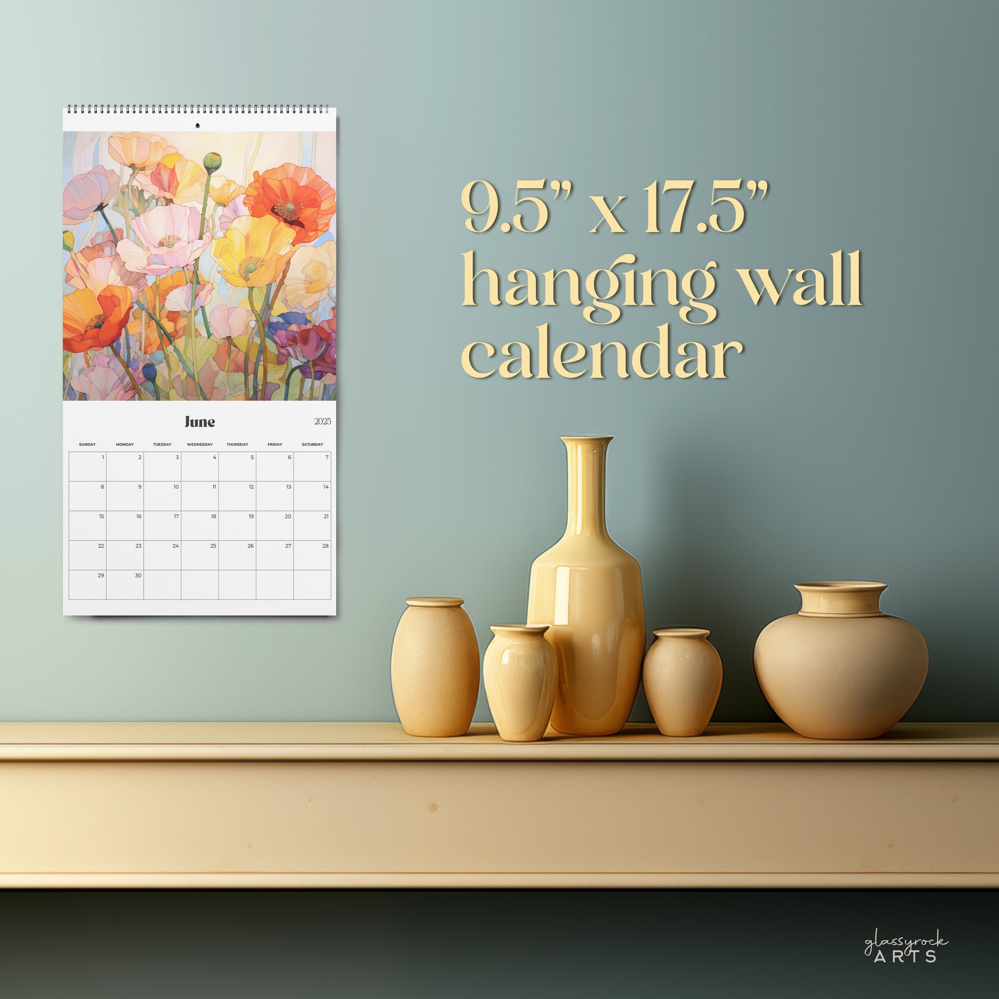 A picture of the 2024-2025 Mid-Year Calendar - Poppies Large Wall Calendar from GlassyRock Arts. 