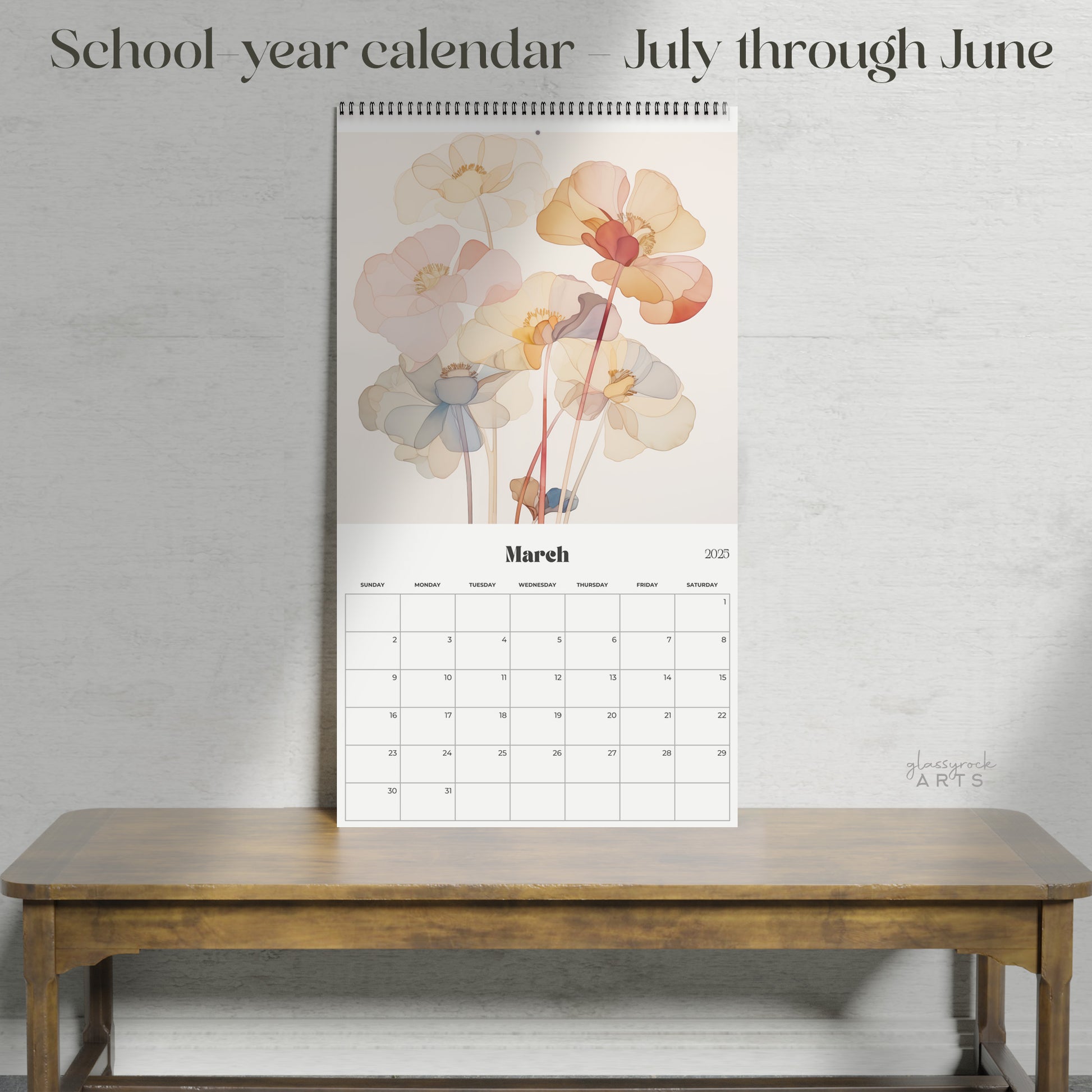 A picture of the 2024-2025 Mid-Year Calendar - Poppies Large Wall Calendar from GlassyRock Arts. 